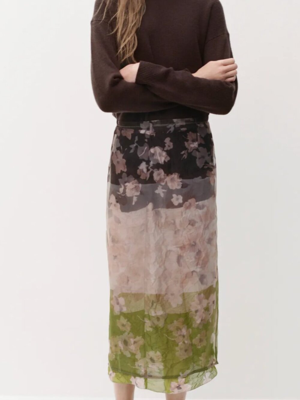 NWT Zara Sheer Organza Floral Midi Skirt Brown Blush Green Ombre Printed Lined M